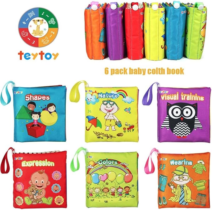 teytoy My First Soft Book, 6 PCS Nontoxic Fabric Baby Cloth Books Early Education Toys Activity Crinkle Cloth Book for Toddler