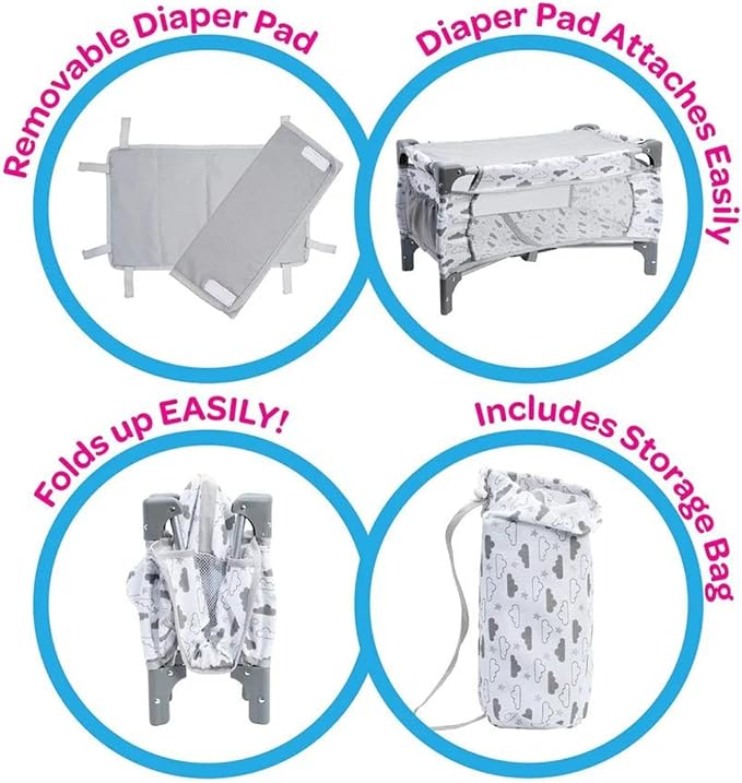ADORA Baby Doll Crib/Bed/Playpen, Twinkle Stars Deluxe Pack N Play 7-Piece Set Fits Dolls up to 20 inches 3 Clouds 3+