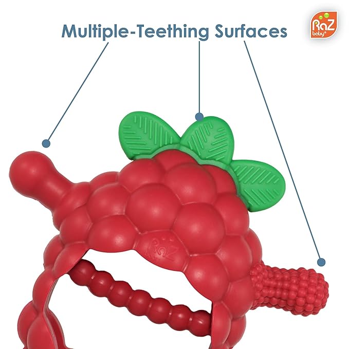 RaZbaby RaZberry Grip Silicone Teether Toy for 3M+ | Drop Resistant Hand Held Teether for Babies and Infants - Designed by Nature with Our Patented BerryBumps Multitextured Design 3M+, Red