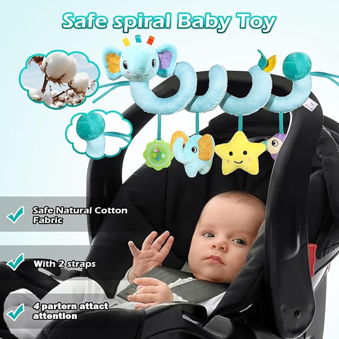 Spiral Car Seat Toys Stroller Toy for Babies - Baby Crib Hanging Rattles Toys for Babies 0-12 Months, Carseat Pram Crib with Musical Rattle Toy for Newborn Boys Girls Gifts(Elephant)