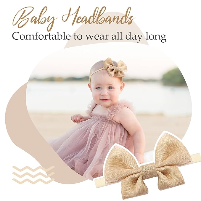 3PCS Baby Girl Bows Soft Stretchy Nylon Headbands Handmade Gold