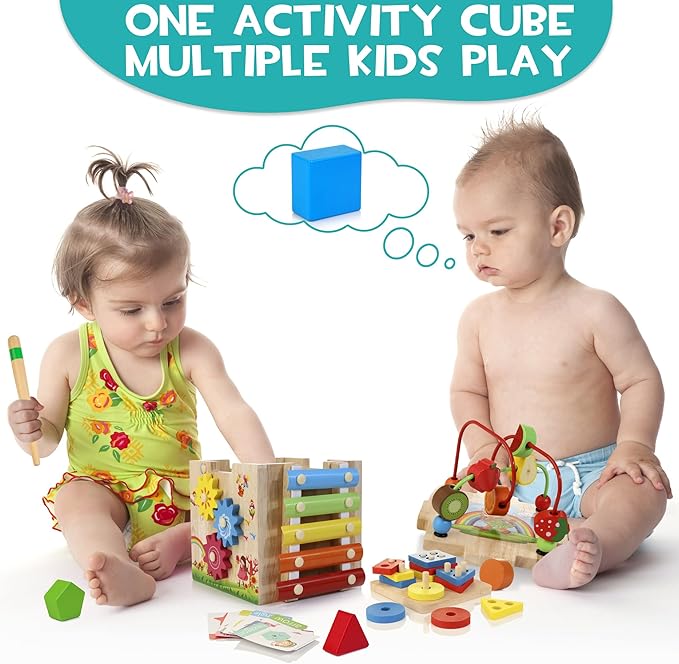 HELLOWOOD Wooden Activity Cube, 8-in-1 Montessori Toys for 1+ Year Old Boys & Girls 1-2, First