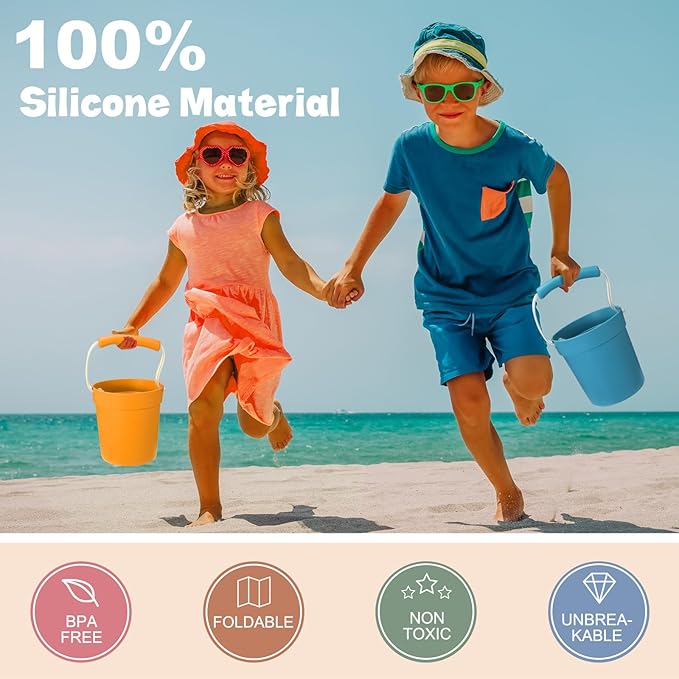 Hungdao 14 Pcs Silicone Beach Toys Travel Beach Set Sand Toys Include 2 Silicone Bucket Pail, 2 Shovel 9 Sand 1 Beach