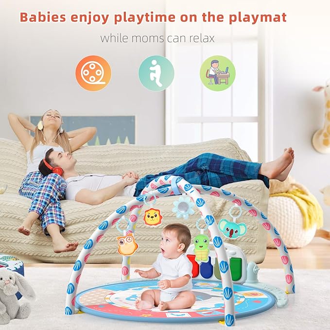 Baby Tummy Time Mat, Baby Gyms Playmats Activity Mat with 4 Toys and Mirror 40 Music, 3 to 18 Month(Blue)