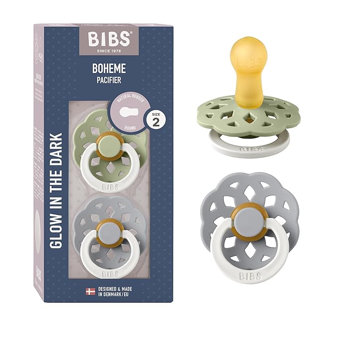 BIBS Boheme Glow in The Dark Soother 2-Pack. BPA Free. Round Latex, Size 2 (6-18 Months)
