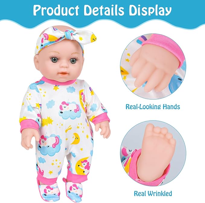 12 Inch Baby Doll With Soft Crib Bassinet Bed,Sleep Time 3+ Kids