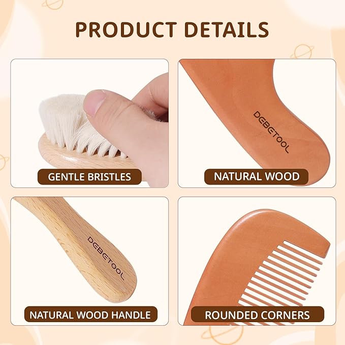 Baby Hair Bush and Comb Set - Wooden Baby Hair Brush Set with Soft Goat Bristle and Baby Comb for Newborns & Toddlers, Ideal for Promotes Healthy Hair Growth, Cradle Cap