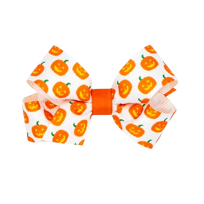 Wee Ones Girls Halloween-themed Jack-O-Lantern Printed Grosgrain Hair Bow, Jack O Lantern