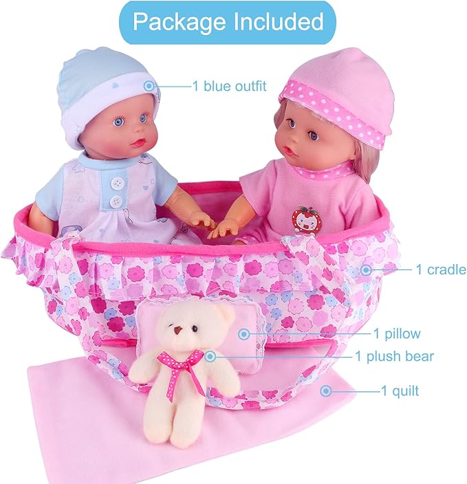 Baby Doll Cradle Bassinet Portable Doll Carrier Carry Bag,Soft Pillow Quilt Plush Bear Doll Clothes Outfit 8-9-10-11-12 Inch