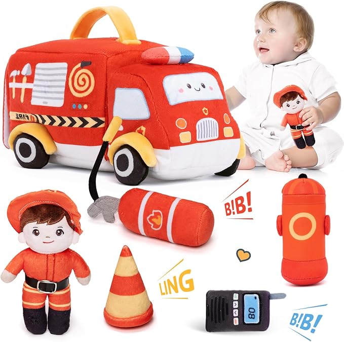 OUOZZZ Firetruck Toys for Toddlers 1-3 - Stuffed Toy Set with Baby Firefighter Doll - Fire Truck Plush Sensory Toy - First Birthday Gift fir Boys 2 Year Old Toys Montessori- Fire Toy for Babies