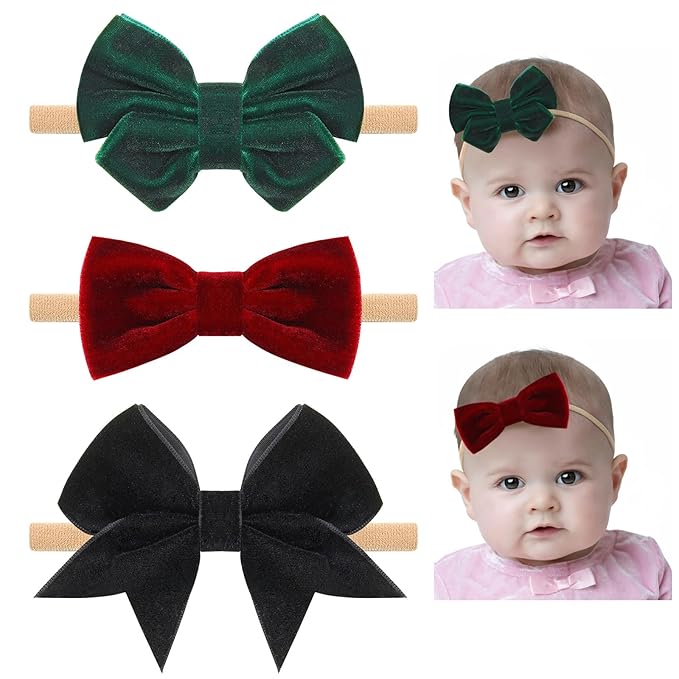 4" Velvet Baby Bows, 3pcs Elastic Nylon Headbands Handmade Newborn