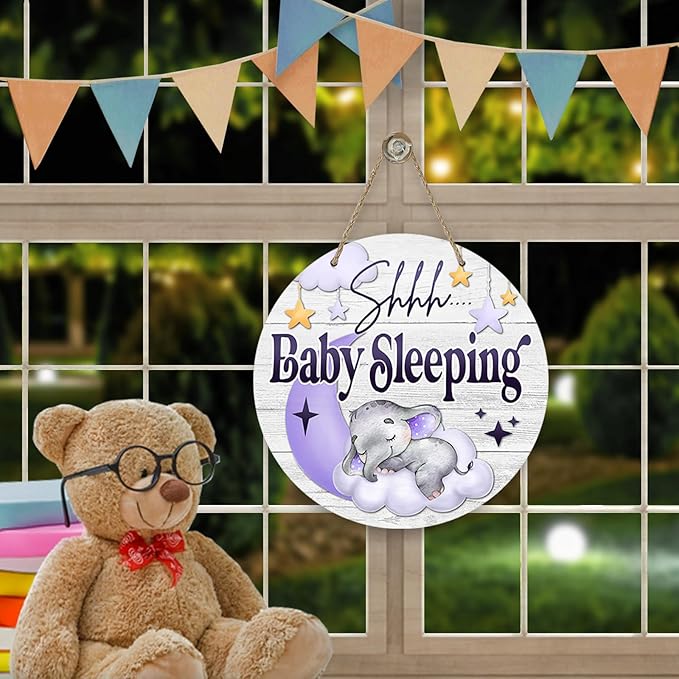 Deroro Shhh Baby Sleeping Front Door Sign, Elephant Purple Moon Cloud Stars Wood Door Hanger Outdoor Porch Nursery Decor