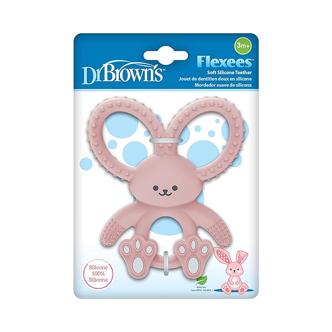 Dr. Brown's Flexees Pink Bunny, Soft 100% Silicone Baby Teether 3m+