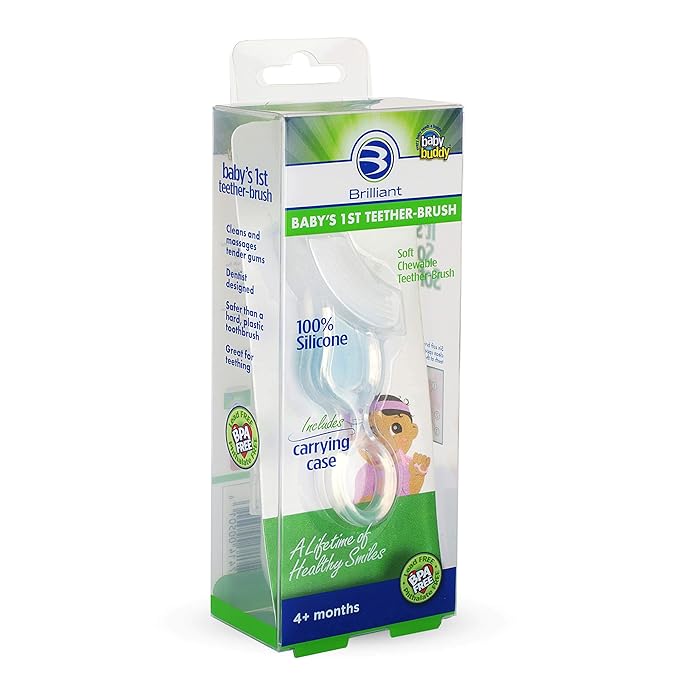 Brilliant Oral Care Baby?Ös First Toothbrush, Smooth Silicone Bristles Gently Clean Tender Teeth and Gums 4+ Months, 1 Pack