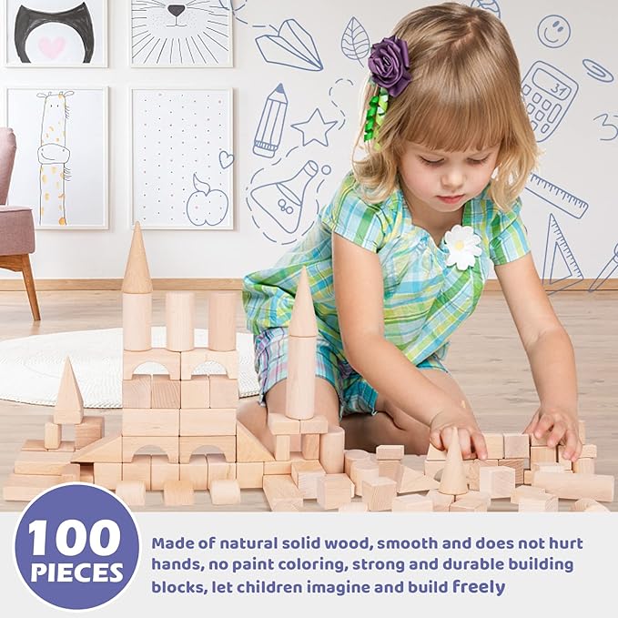 100Pcs Wooden Building Blocks Set- Wood Stacker Stacking Blocks Game Toys for Toddlers, Multiple Shapes