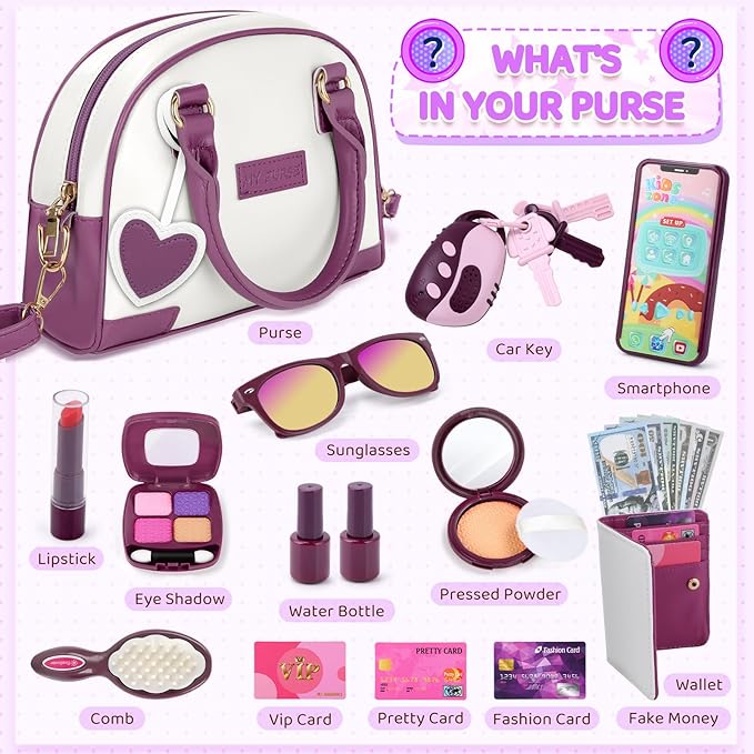 INNOCHEER Little Girls Purse, Kids Toy Purse with Pretend Makeup 2 3 4 5 6 7 8 Year