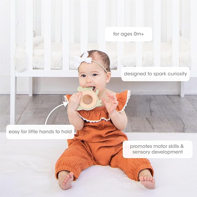 Pearhead Frog Wooden Baby Teether, Natural Wooden Teething Toy for Babies 0+ Months
