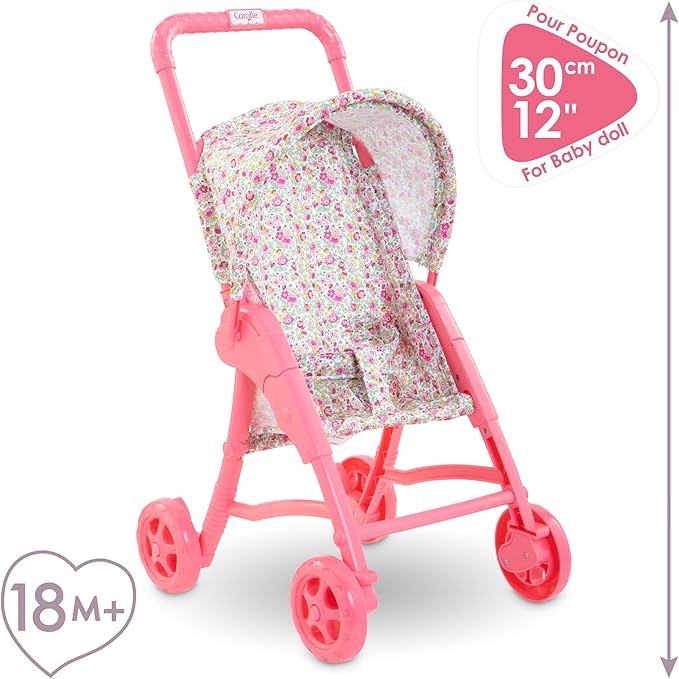 Corolle Baby Doll Stroller with Folding Canopy - Mon Premier Poupon Accessory Fits 12" Dolls, Pink/Floral Pattern 18 Months