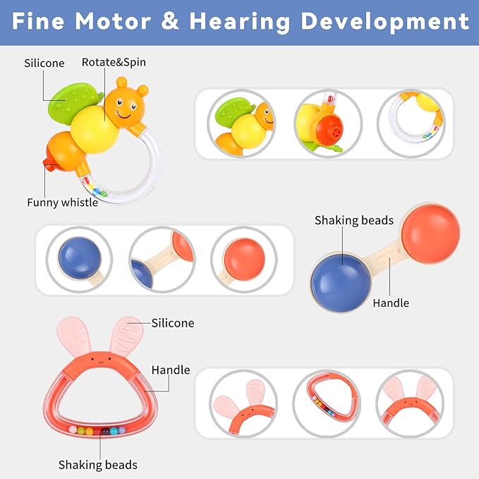 MOONTOY Baby Rattles Teether Set Toys for 0 1 2 3 4 5 6 7 8 9 10 11 12 9PCS Baby 0-3-6-12 Month