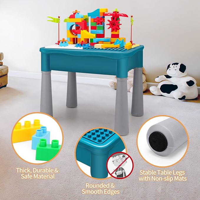 Double-Sided Kids Activity Table with Storage, 105pcs Large Marble Run Building Blocks Table 5-in-1 Multi 1 2 3 Year