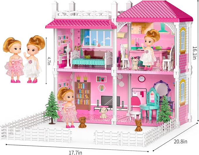 TEMI Villa Toys for 3 4 5 6 7 8 Years Old Girls - 2 Storeys 4 Rooms, Indoor Playset with 2 Dolls Toy Figures, Toys Furniture and Accessories, Pretend Girls Plays, Building Toys, Gifts Toy