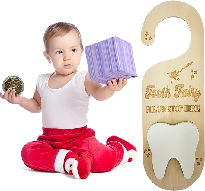 PAMBO Tooth Fairy Tooth Holder, Wooden Tooth Keepsake Door Hanger 3D |