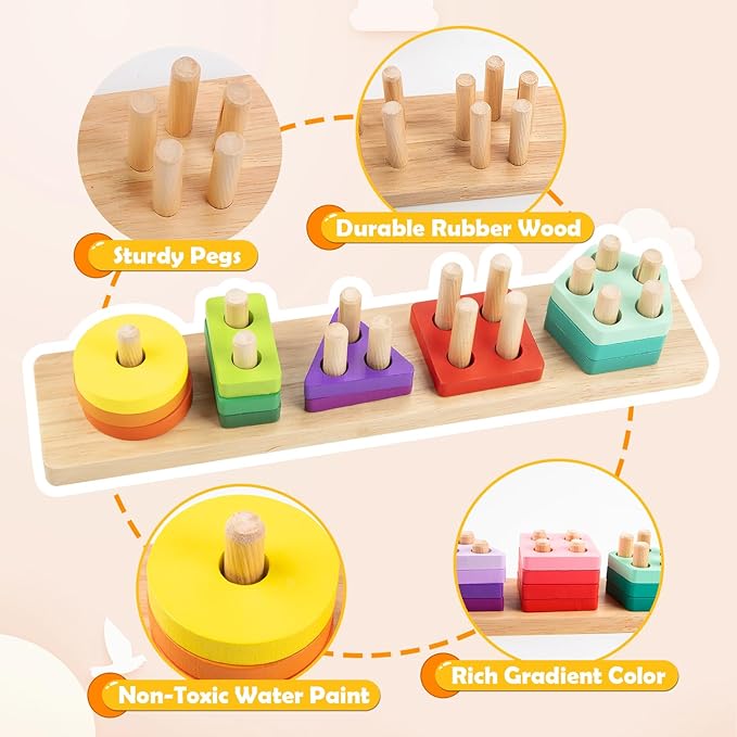 HONGTEYA Montessori Toys for 1 2 3 year old, Toddlers Wooden Sorting and Stacking Toys for Baby Boys and Girls 20 Color