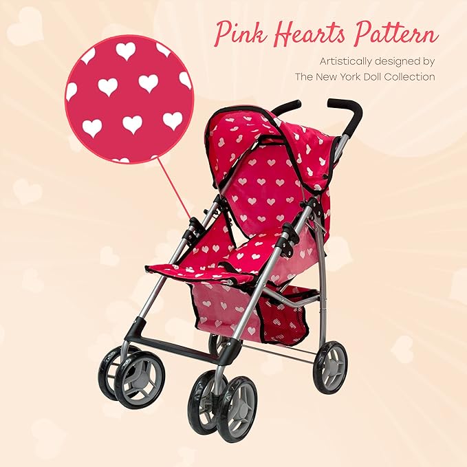 Baby Doll Stroller for Toddler Girls & Big Kids up to 8 Years Old | 28” Baby Stroller for Dolls, Toy Baby Stroller with Cute Pink Hearts Pattern