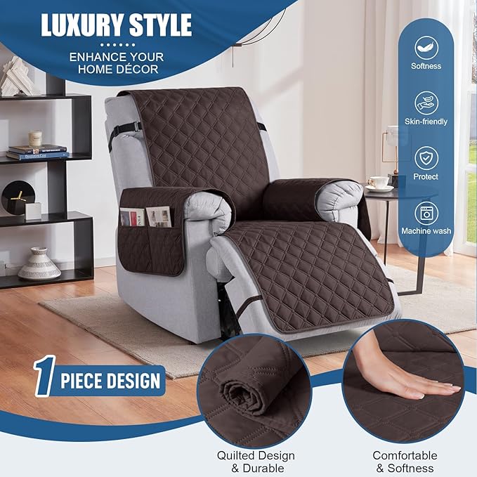 TAOCOCO 100% Waterproof Recliner Covers, Recliner Sofa Covers with Leg Straps, Reversible Recliner Couch Cover for Reclining Chair, Washable Couch Protector for Pets Kids(1 Seater 22", Chocolate)