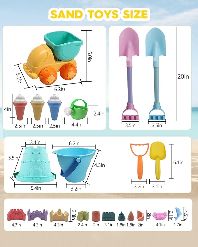 IOKUKI Long Shovels Sand Toys Set with Mesh Bag Including Dump Truck, Beach Buckets (15 PCS) 3+