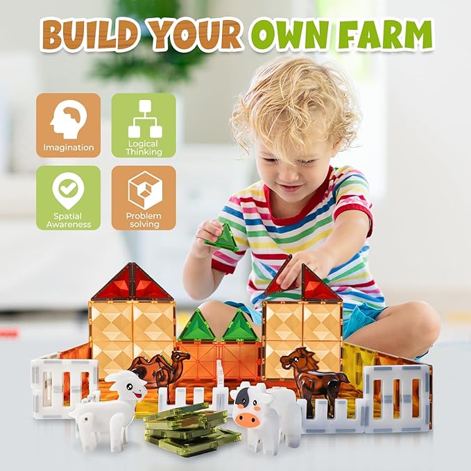 Magnetic Tiles Farm for Toddlers 1-3 Animals, Magnet Tile Set for Kids Ages 3-5 4-8 8-12 Boys Girls, Building Blocks Stem Stack Toys for Travel, Birthday Gift, Preschool