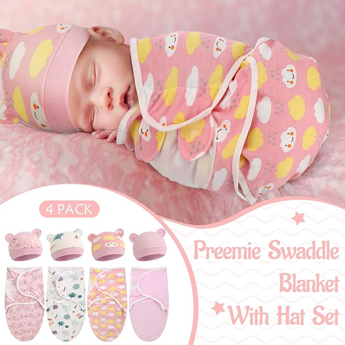 Buryeah 4 Pack Preemie Swaddle Blanket Wrap Set with Hat for Baby Boys Girls 3-7 Lbs Preemie Newborn Clothes Sleepers Cap
