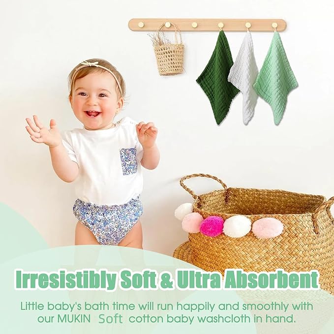 MUKIN Baby Washcloths - Soft Face Cloths for Newborn, Absorbent Bath Face Towels 6-12x12 inches