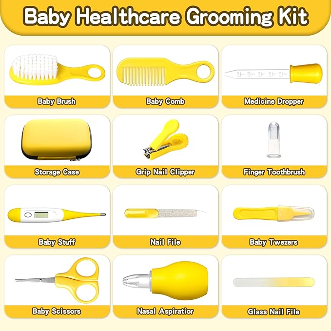 Baby Healthcare and Grooming Kit, Baby Safety Care Set, Baby Electric Nail Trimmer Set Newborn Nursery Health Care Set for Newborn Infant Toddlers Baby Boys Girls Kids (Yellow-18 Kits)