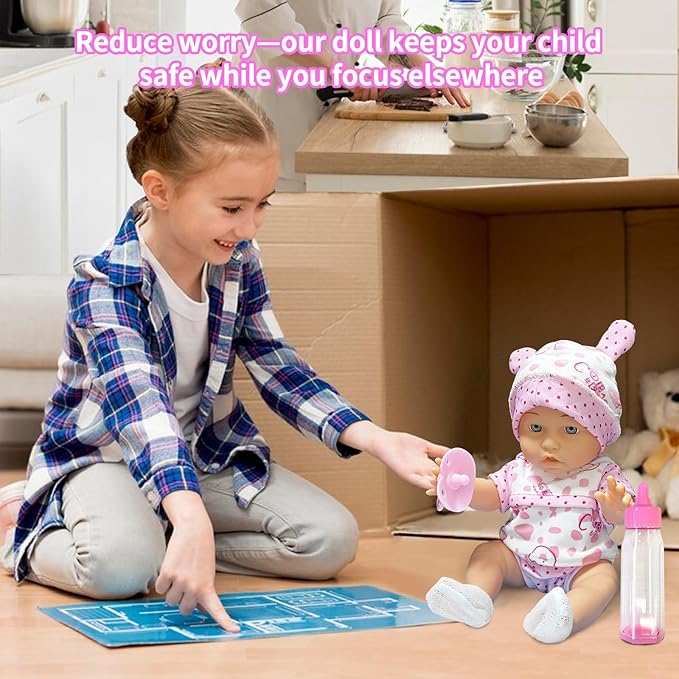LETOUR 12'' Baby Doll in Gift Box with Pink Cloths,and Pink Bear Cloths, Pacifier 13''x13'' Microfabric 3+