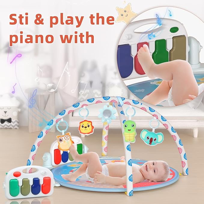 Baby Tummy Time Mat, Baby Gyms Playmats Activity Mat with 4 Toys and Mirror 40 Music, 3 to 18 Month(Blue)