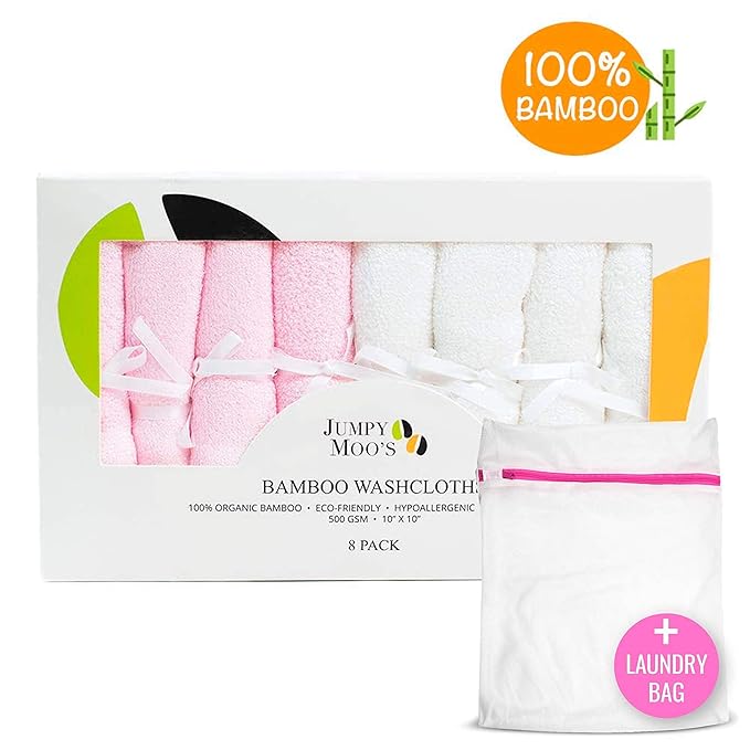 Jumpy Moo's Baby Washcloths, Rayon from Bamboo - Bath Face Towel 2 Layer 10x10 inches (8 Pack)