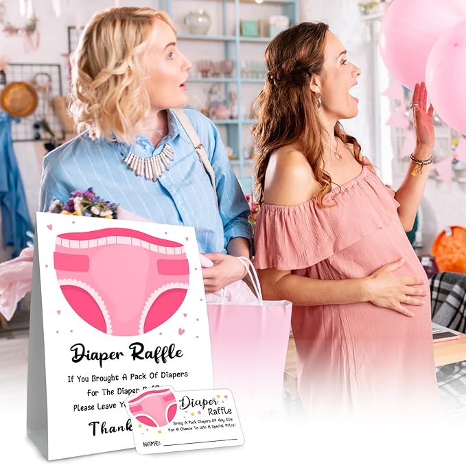 Diaper Raffle Baby Shower Game - Pink Diapers Insert Ticket -girl Baby Shower Game (1 Sign 50 Cards)