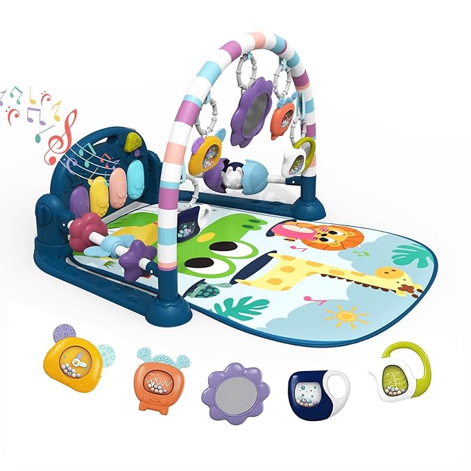 dearlomum Baby Play Mat Baby Gym,Funny Play Piano Tummy Time Baby Activity Mat with 5 Infant Sensory Baby Toys 0 to 3 6 9 12