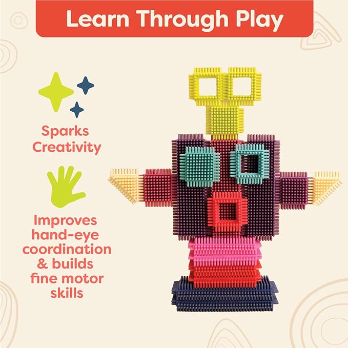 B. toys- Bristle Block Stackadoos - Building Blocks for Kids – Developmenal Toy-68 Blocks in a Storage Pouch 2 years