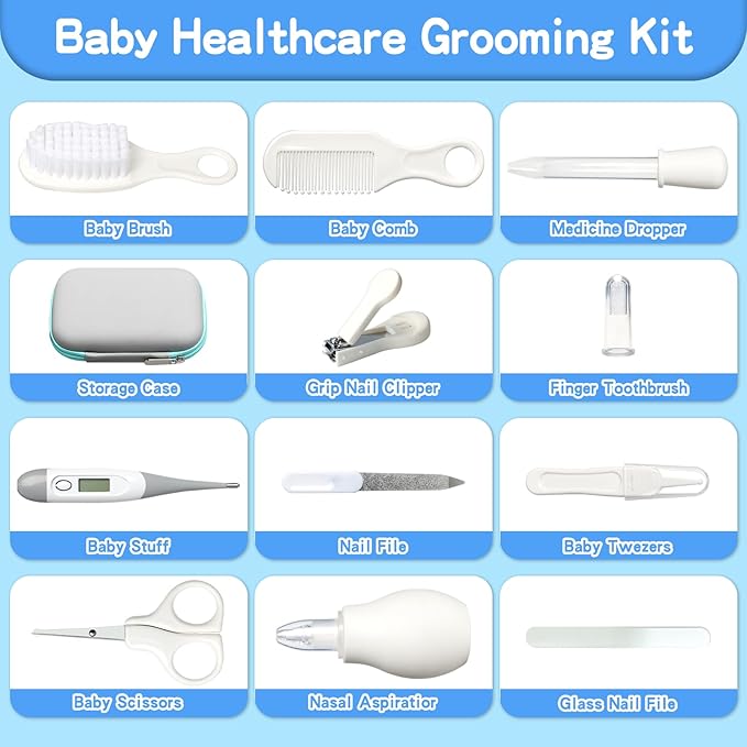 Baby Healthcare and Grooming Kit, Baby Safety Care Set, Baby Electric Nail Trimmer Set Newborn Nursery Health Care Set for Newborn Infant Toddlers Baby Boys Girls Kids (Grey White-18 Kits)