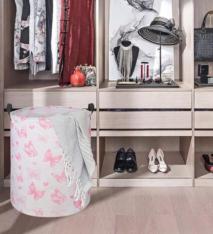 Round Pink Butterfly Laundry Basket for Girls Room Decor, Kids