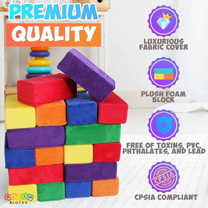 The Original Premium Plush Building Block for Kids - Certified Safe Foam Blocks in Luxuriously Soft Fabric Covers 24 (Classic