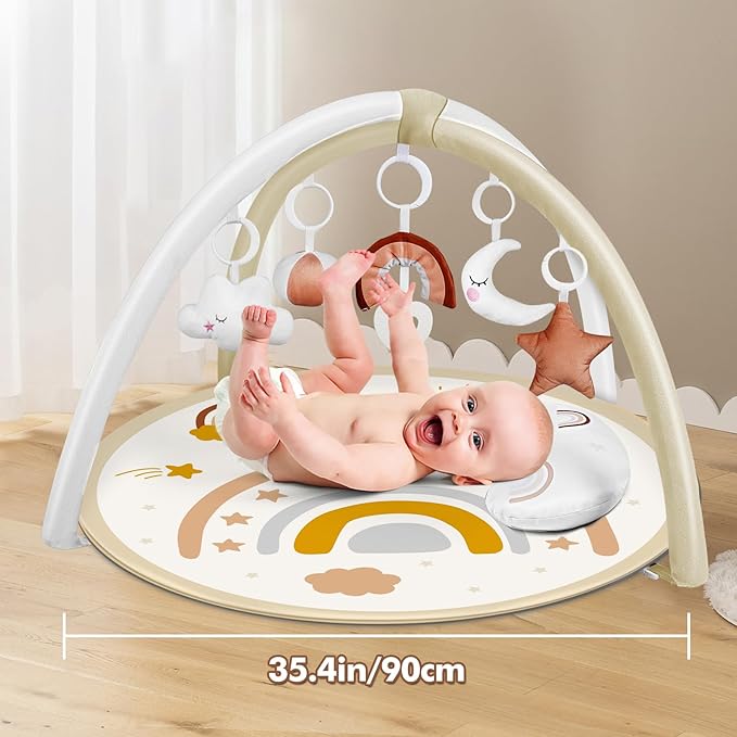 dearlomum Baby Play Gym Mat, Tummy Time Mat with 6 Detachable Toys for Stage-Based Sensory & Motor Skill All Development