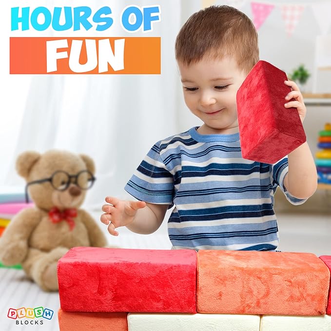 The Original Premium Plush Building Block for Kids - Certified Safe Foam Blocks in Luxuriously Soft Fabric Covers 24 (Brick