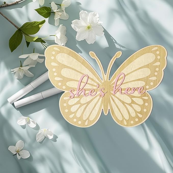 Baby Announcement Sign, She?Ös Here Wooden Sign for Hospital