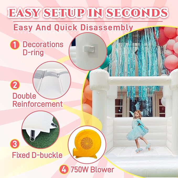 White Bounce House 8x8x8 FT Inflatable Indoor Bounce House 3-12,PVC White