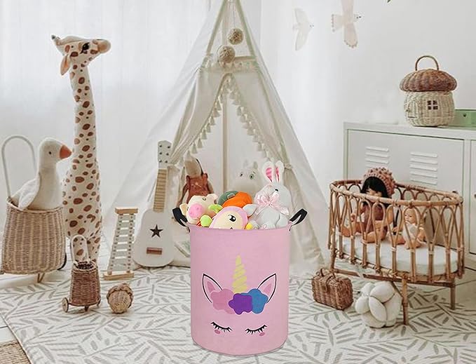 Round Pink Color Unicorn Pattern Laundry Hamper Storage Basket Organizer