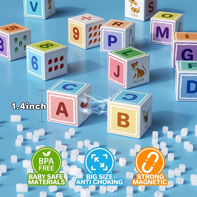 Magnetic Blocks ABC 123 Alphabet Colorful Printed, Building Blocks for Toddler 1-3, Magnet Cubes Sensory Toys, Preschool Early Learning Number,Letter,Animals,Education for Kids Age 1 2 3