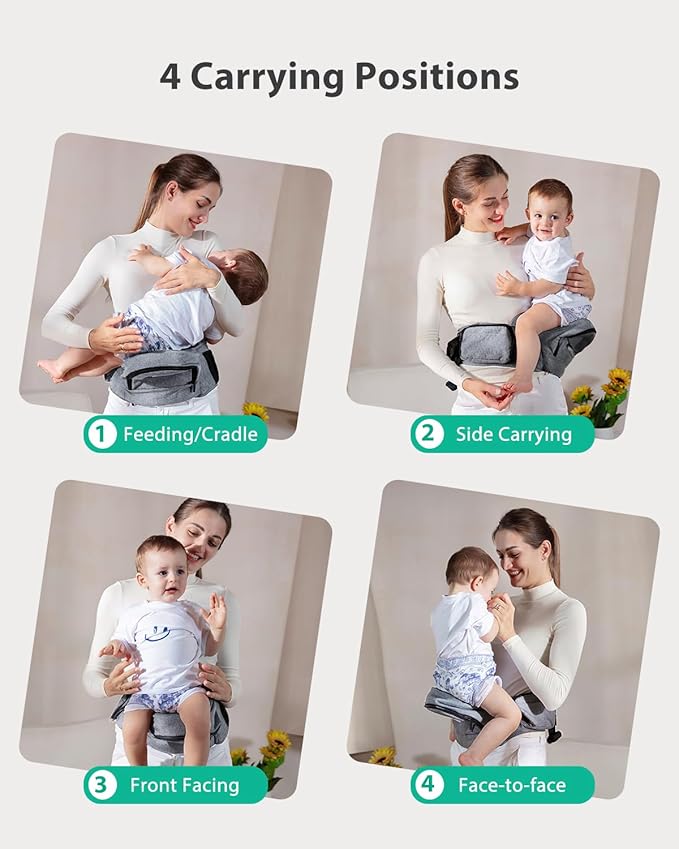 Baby Hip Carrier, GROWNSY Ergonomic Hip Seat Baby Carrier with Multiple Pockets, Adjustable Extended Waistband for Newborns & Toddlers up to 50 lbs, Light Grey
